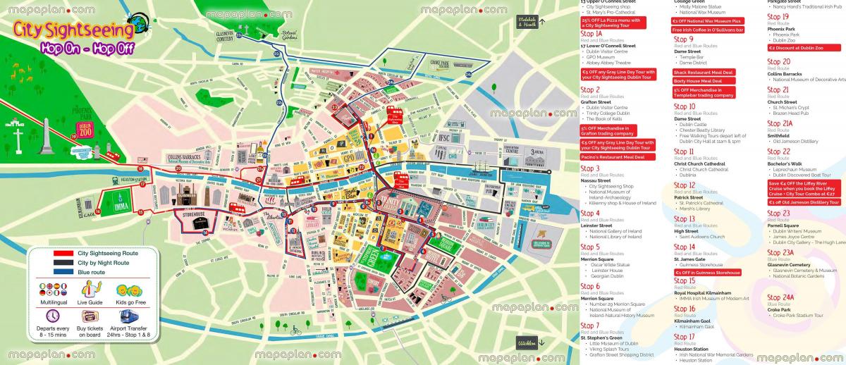 Dublin-hop-hop-off bus trasa na mapie